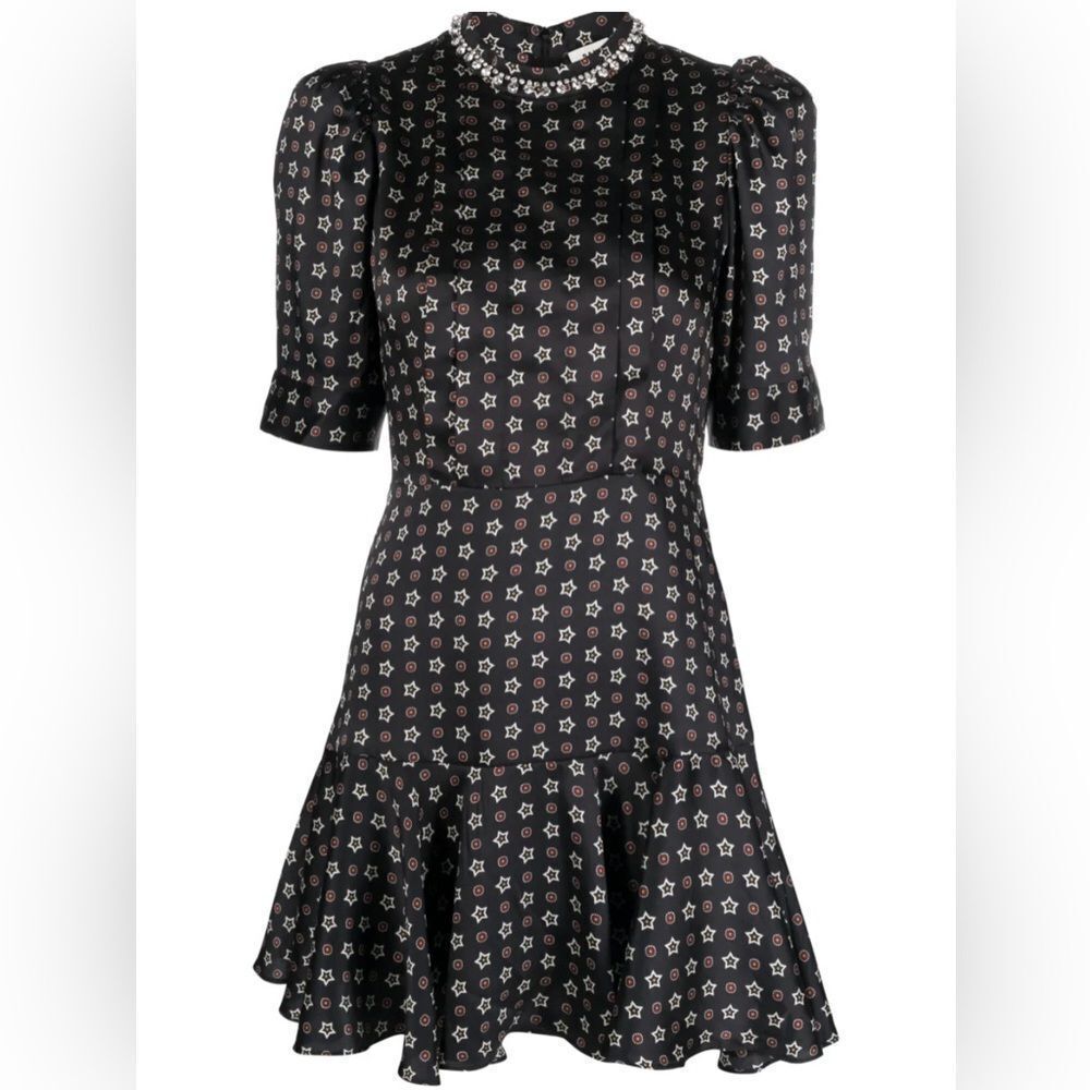 SANDRO Star Print Mini Dress Embellished Collar Sz 34 XS